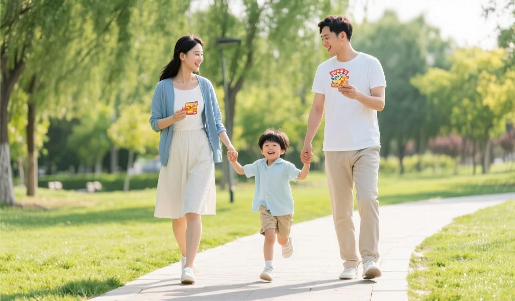 一家三口在户外公园愉快地散步,父母交流着购彩心得,孩子在一旁开心玩耍,展现健康生活